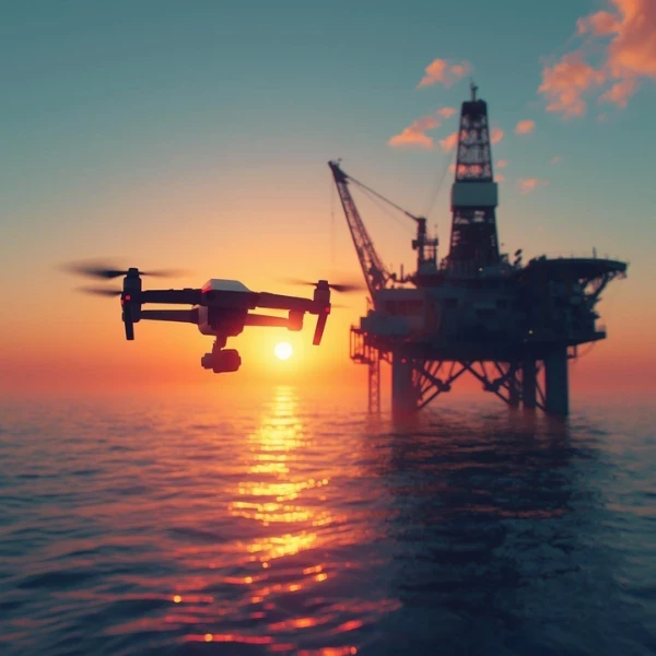 Drone flying over ocean near an offshore oil rig