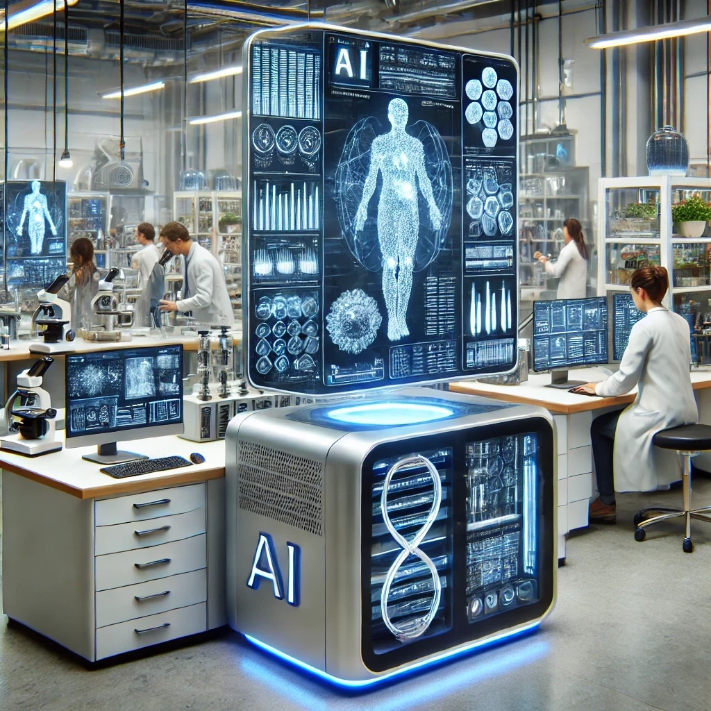 AI in personalised medicine, futuristic lab, patient-specific treatments A futuristic laboratory where scientists use AI tools to analyse personalised patient data, with visuals of DNA strands and molecular structures on large digital screens.