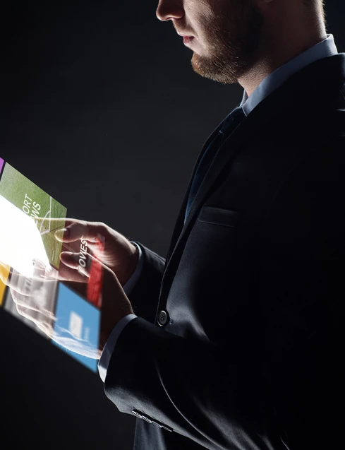 HR News Beat_close up of businessman with transparent tablet pc computer and web page projection over black background