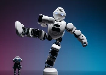 Close-up of two futuristic robots in a studio setting, showcasing advanced robotics and innovation.