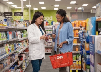 pharmacist helping customer in store