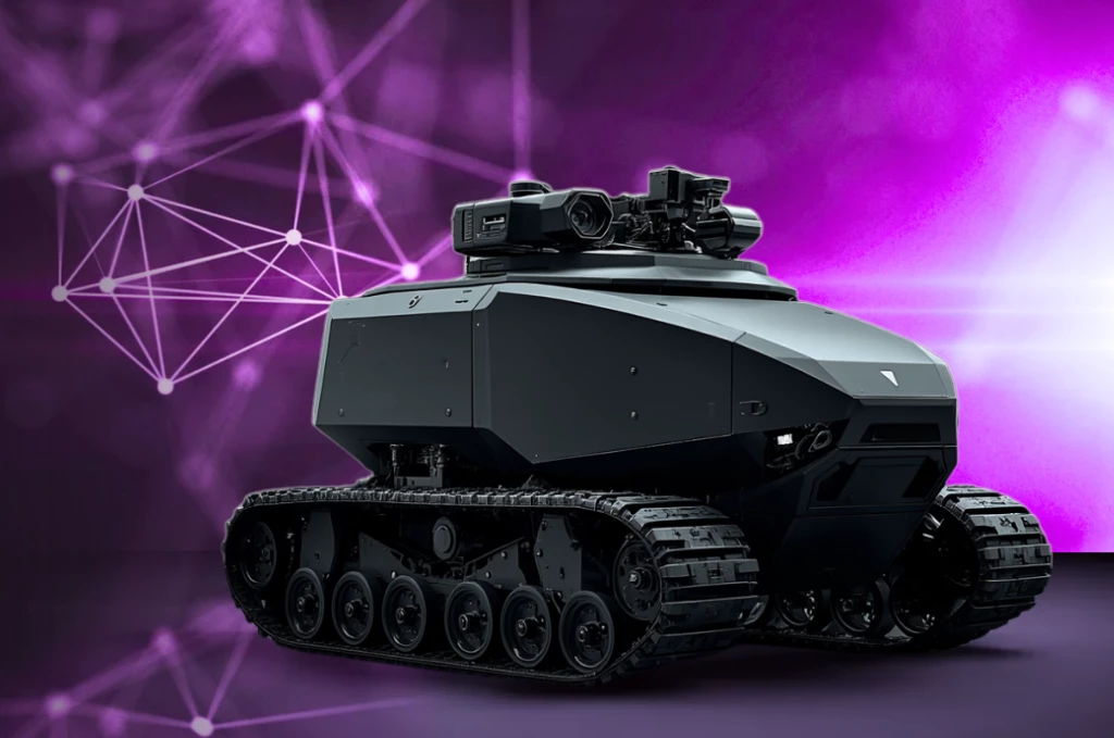 An image of an unmanned ground vehicle in a tech world with networking imagery.