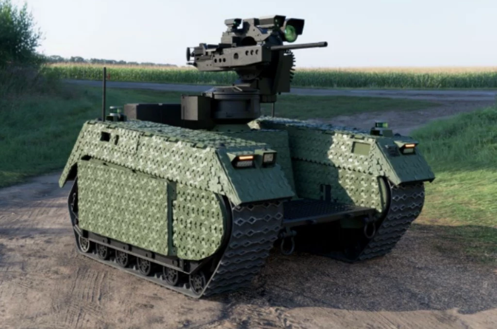 An image of an unmanned ground vehicle on muddy terrain