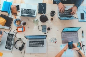 several laptops on a table