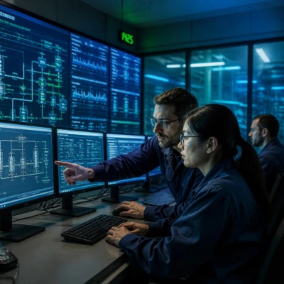 Engineers monitoring process systems and industrial dashboards.