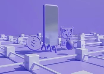 abstract of mobile phone crypto coins and connected blocks in lilac