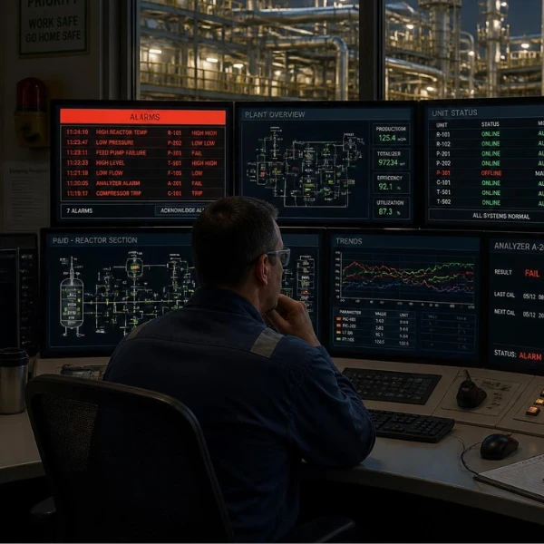 A control room operator staring at multiple screens displaying alarms, dashboards and system data, while the actual industrial process is visible through a window in the background