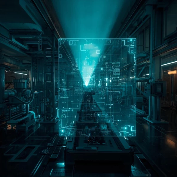 Industrial setting with a glowing, transparent digital interface displaying complex circuit-like patterns and data