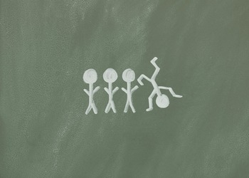 four stick people, one stood on their head