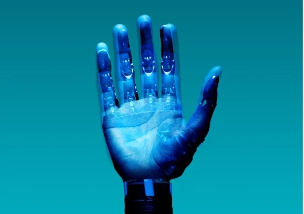 Robot hand blue background