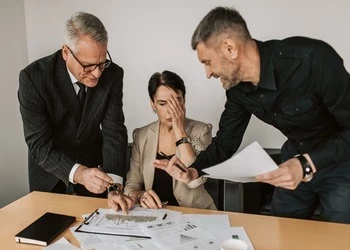 three business people with one person covering their face