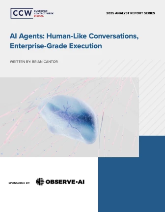 Cover image of the CCW Digital 2025 Analyst Report titled “AI Agents: Human-Like Conversations, Enterprise-Grade Execution,” featuring a futuristic AI visual and Observe.AI sponsorship.