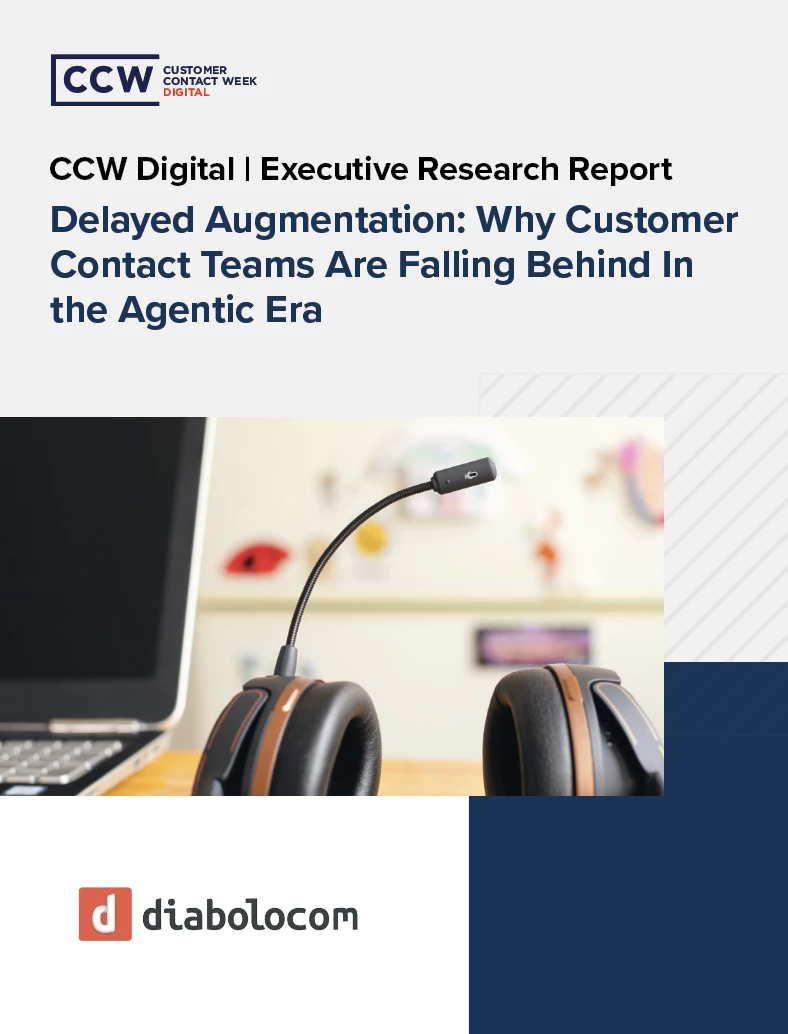 Cover of CCW Digital executive research report titled "Delayed Augmentation: Why Customer Contact Teams Are Falling Behind in the Agentic Era," featuring a customer service headset and Diabolocom branding.
