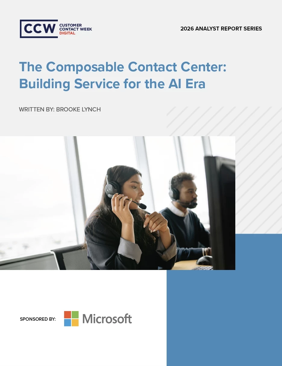 Cover of CCW Digital's 2026 Analyst Report, The Composable Contact Center: Building Service for the AI Era, written by Brooke Lynch and sponsored by Microsoft.