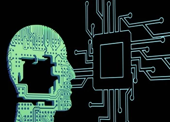illustration of human head and AI chip circuit board
