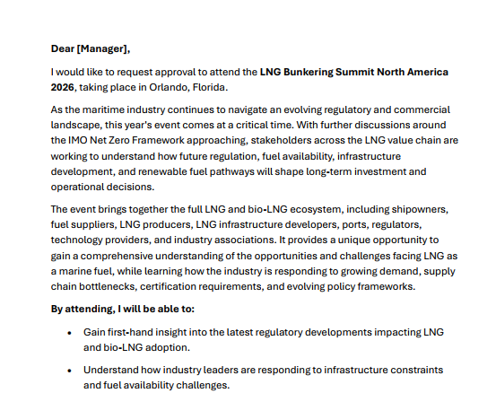 Letter of Approval for the LNG Bunkering North America Summit