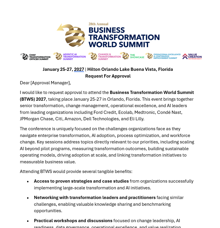 A Letter for Approval to Attend The Business Transformation World Summit 2027