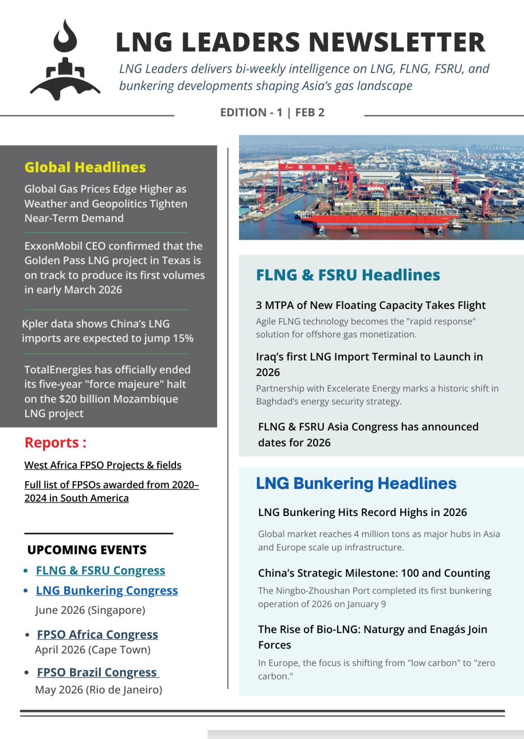 Edition - 1 | Global Gas Prices Edge Higher as Weather and Geopolitics Tighten Near-Term Demand, 3 MTPA of New Floating Capacity Takes Flight, LNG Bunkering Hits Record Highs in 2026 (SPEX)