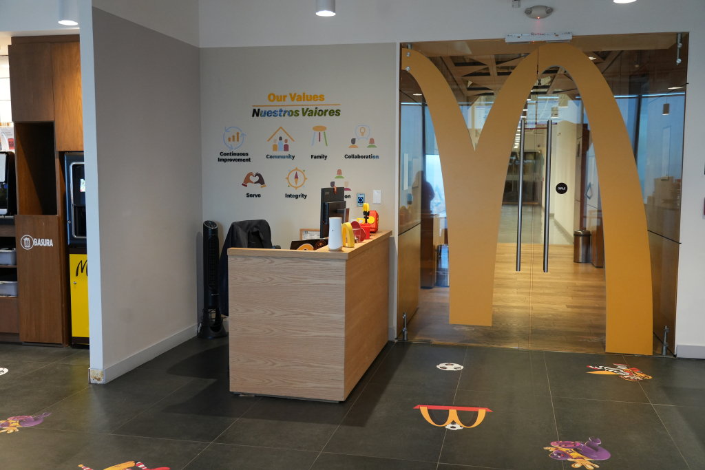McDonald's office reception desk with Golden Arches