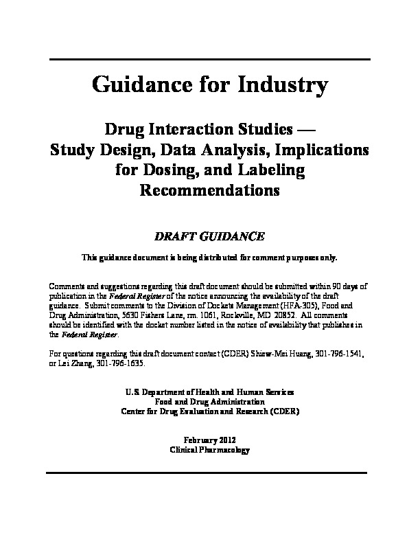 FDA Draft Guidance 2012 Drug Interaction Studies Study Design, Data Analysis, Implications for